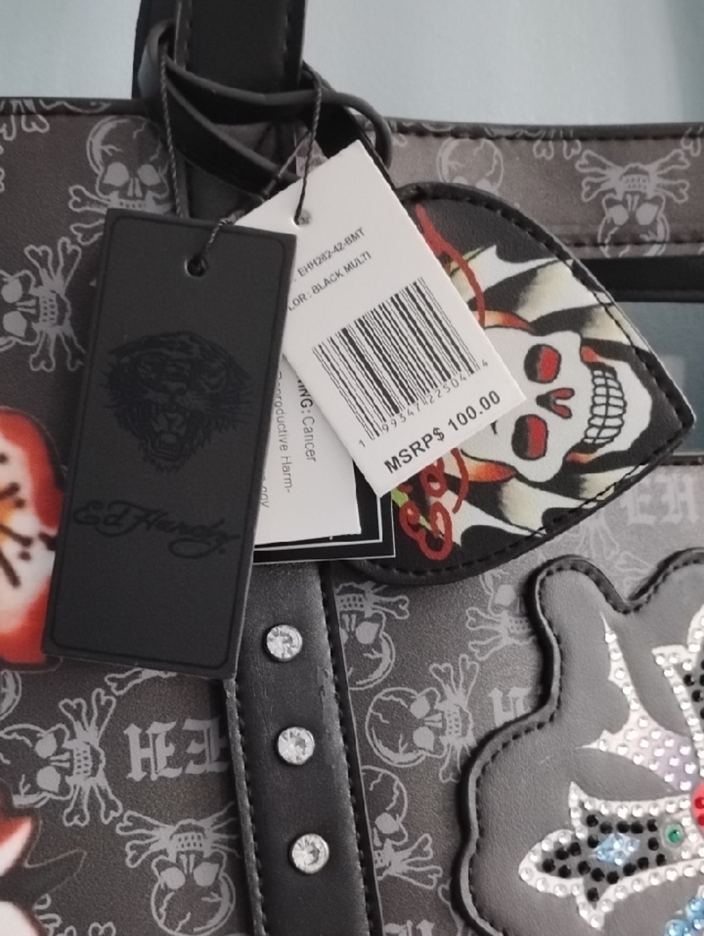 Ed Hardy Black Floral Tote with Cross Patch and Orange Script - Picture 2 of 6